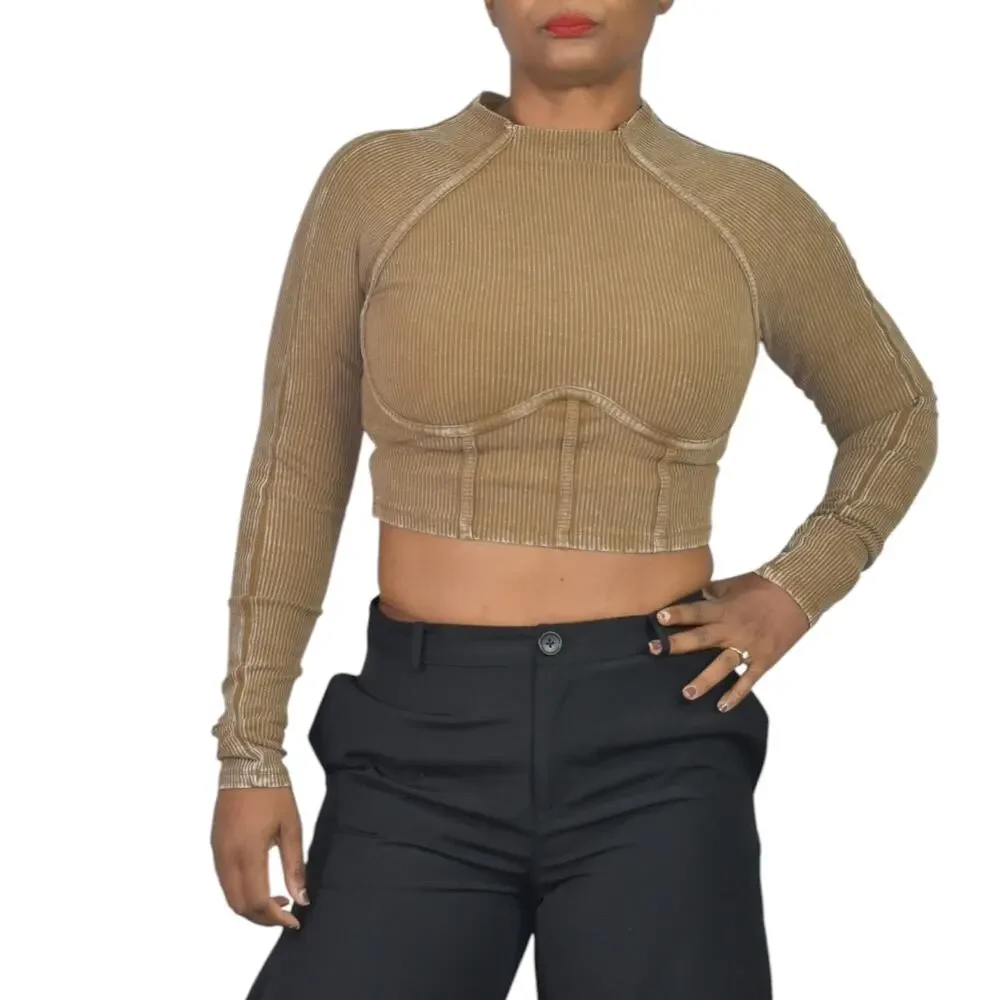 Fashion Nova Corset Crop Top Brown Washed Ribbed Long Sleeve Bustier Size Medium - Picture 6 of 15